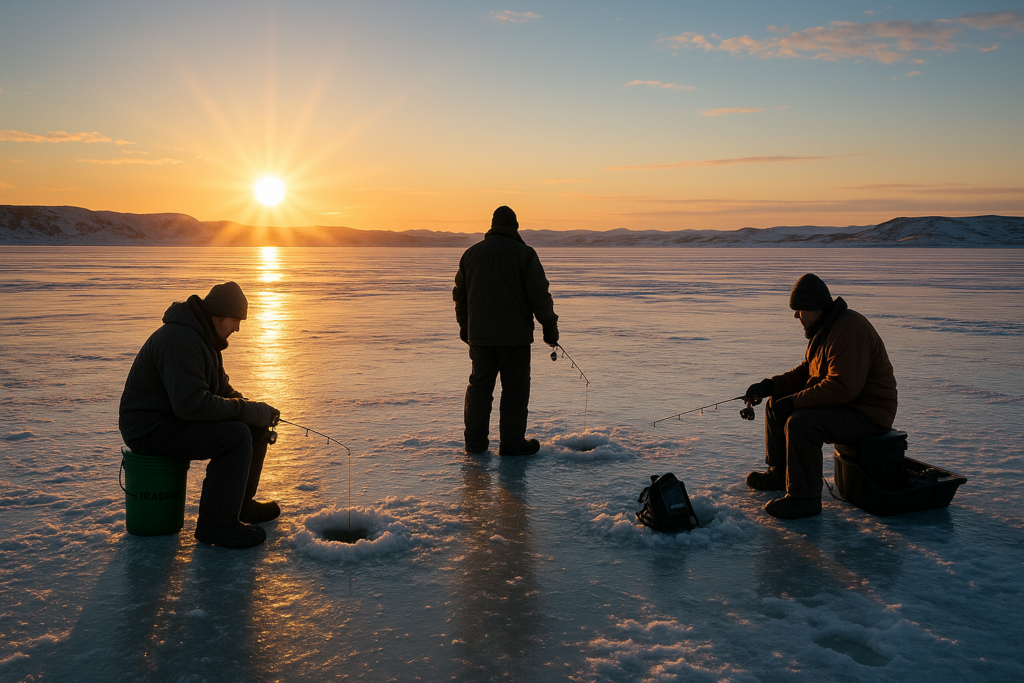 Anglers ice fishing at Fort Peck during a warm front.