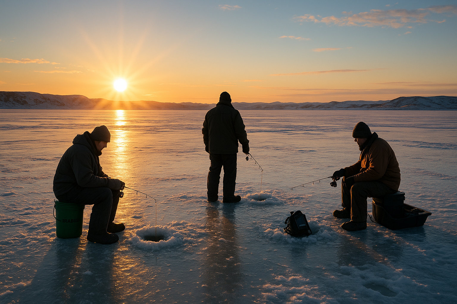 Anglers ice fishing at Fort Peck during a warm front.