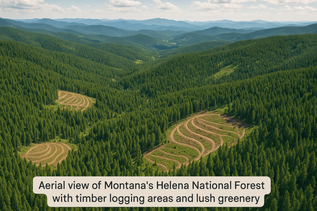 Aerial view of Montana's Helena National Forest with logging areas.