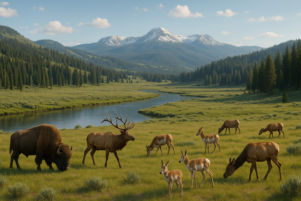 Yellowstone landscape with calm wildlife grazing.