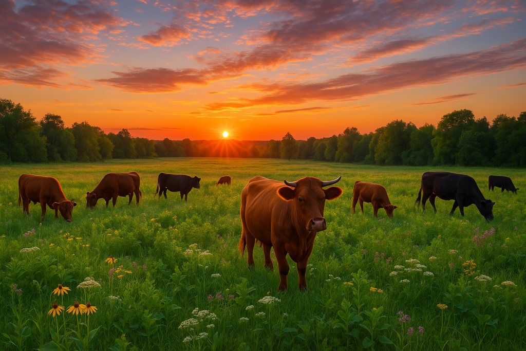 Cattle grazing on conservation-focused ranch land in Minnesota.