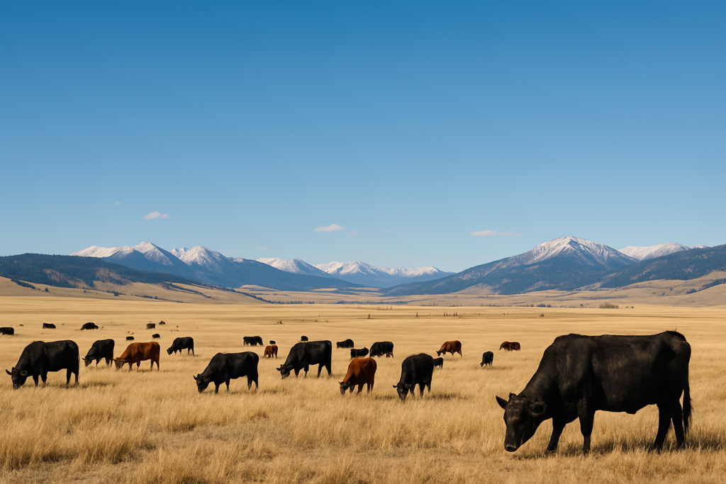 Montana ranch with cattle grazing in a vast open field under a blue sky.