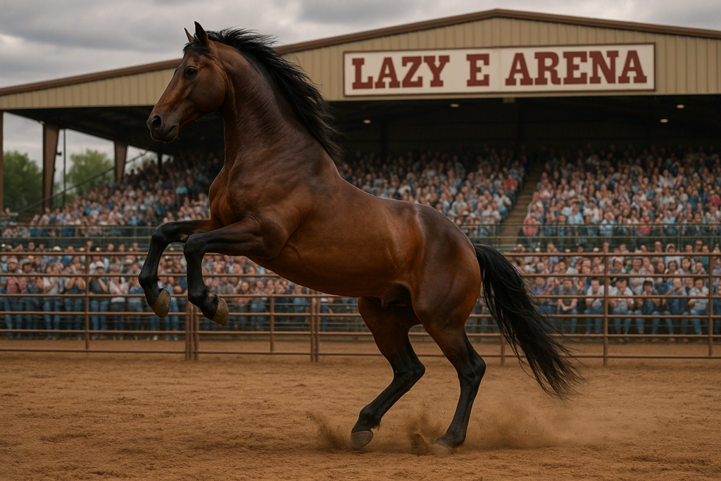 A majestic stallion in the Lazy E Arena during the championship.