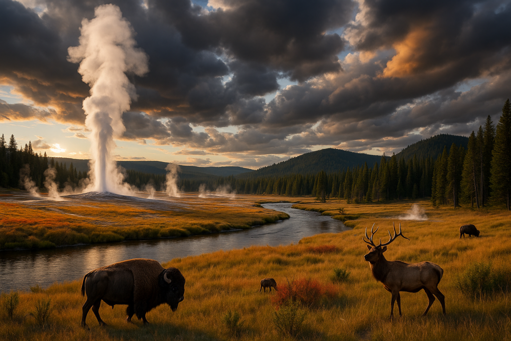 Yellowstone National Park with geysers and wildlife under a dramatic sky.
