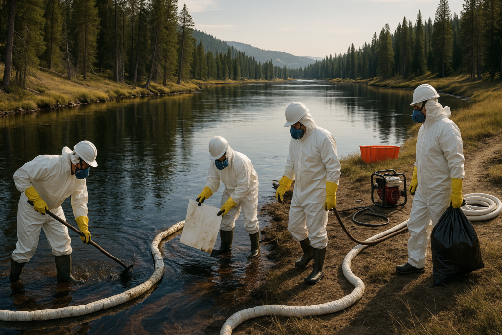 Workers in protective gear cleaning oil spill in Yellowstone river.