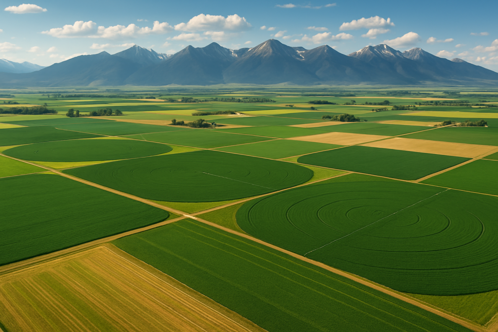 Aerial view of irrigated farmland in Montana with mountains.
