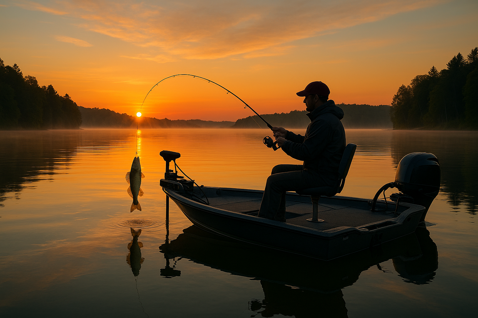 Professional angler fishing for walleye on a lake at dawn.