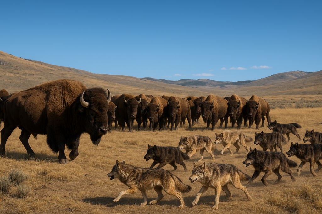 Bison herd facing wolves in Yellowstone's Lamar Valley.