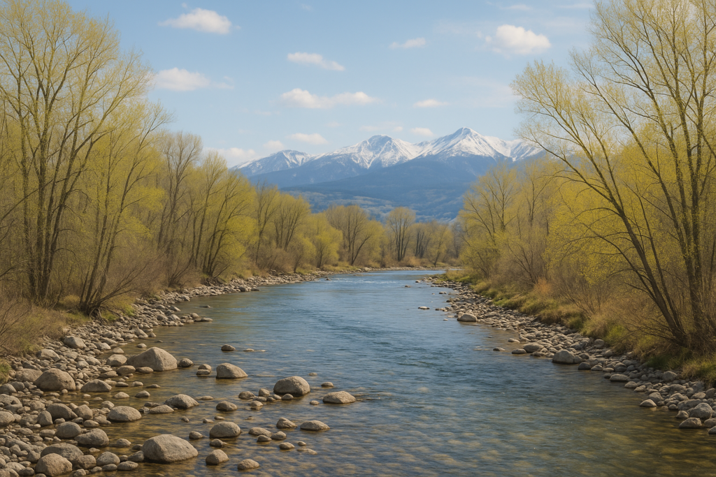 Stillwater River in early spring with clear water and budding trees.