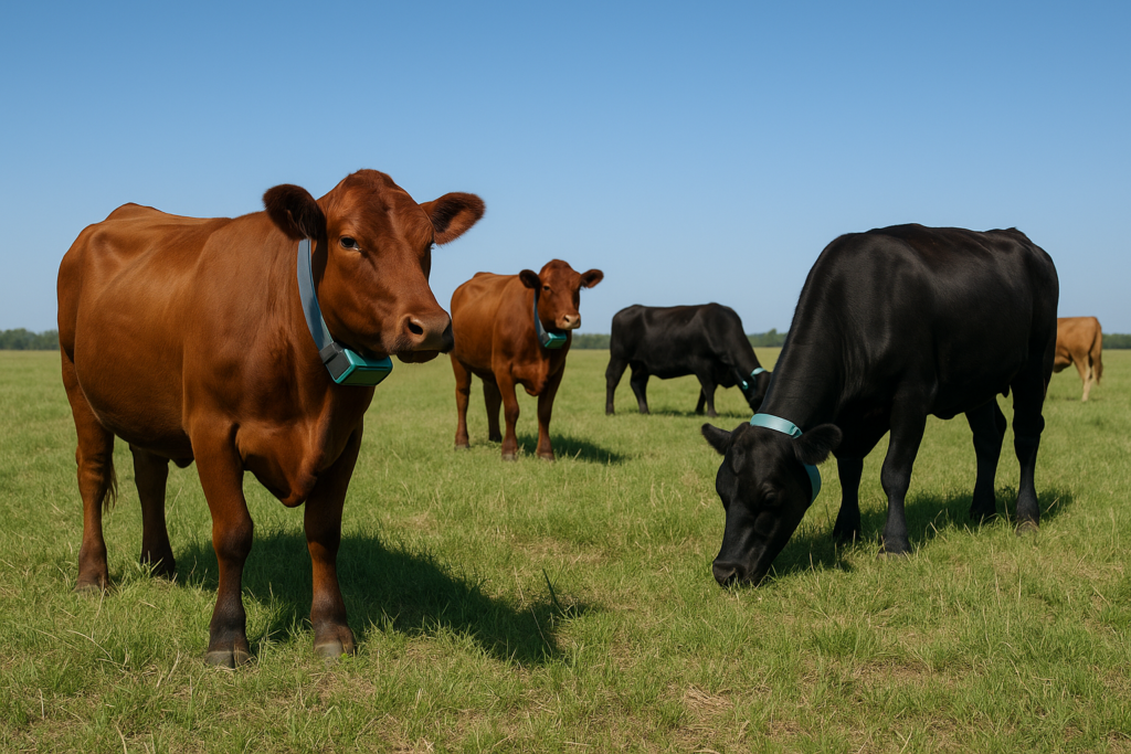 Cattle in a pasture wearing virtual fencing collars.