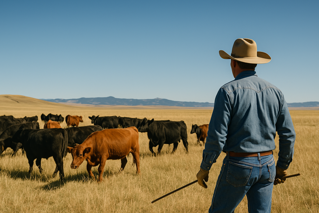 Montana rancher herding cattle in an open field with blue sky.