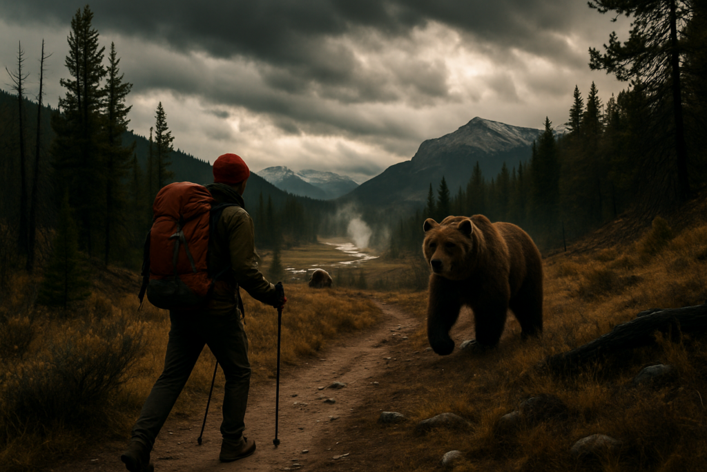 Hiker on Yellowstone trail with bear in the distance.