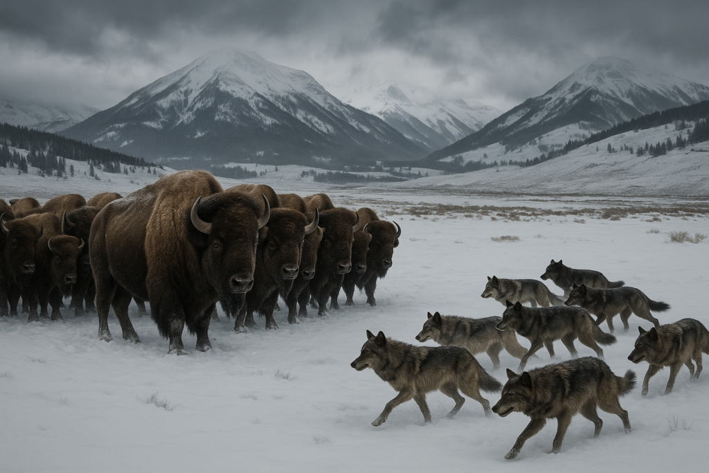 Bison herd defending against wolf pack in Yellowstone National Park.