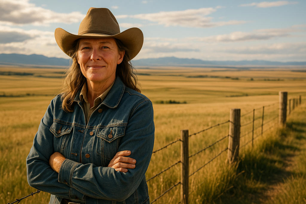 Lisa Schmidt, a female rancher in Montana, stands proudly on her land.