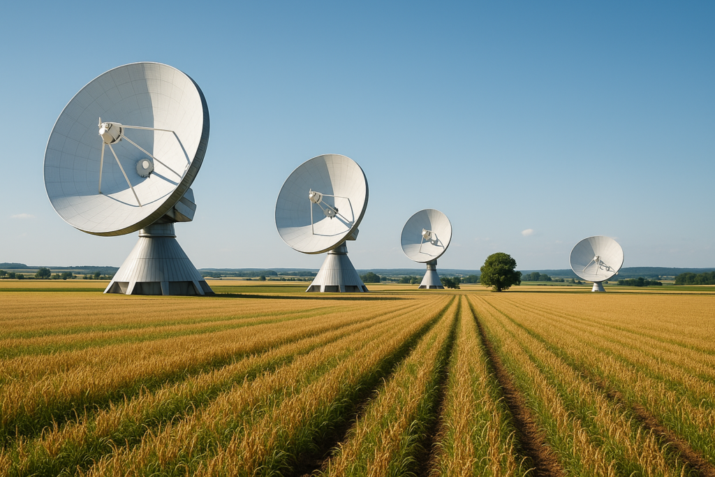 Farmland with satellite dishes symbolizing integration of technology in agriculture.