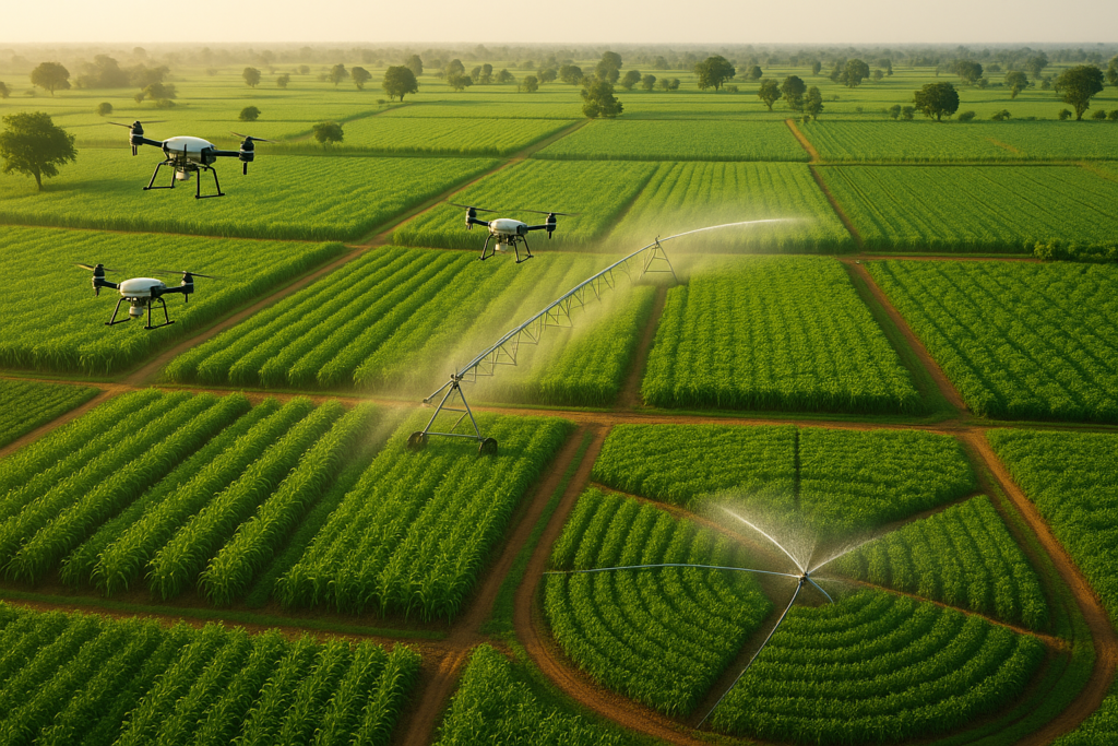 Technology-driven farm in Uttar Pradesh with drones and lush fields.