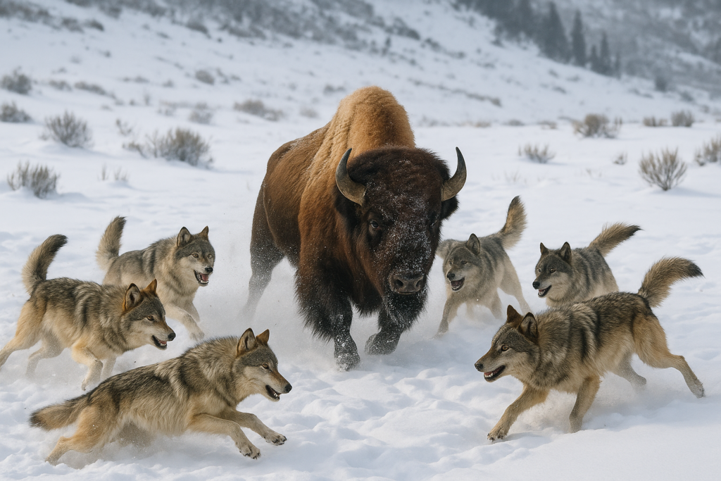 A wolf pack surrounding a bison in snowy Yellowstone National Park.