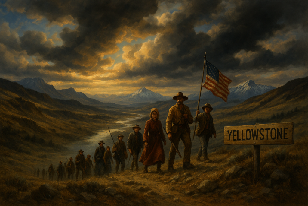 Marchers traveling through rugged terrain toward Yellowstone.