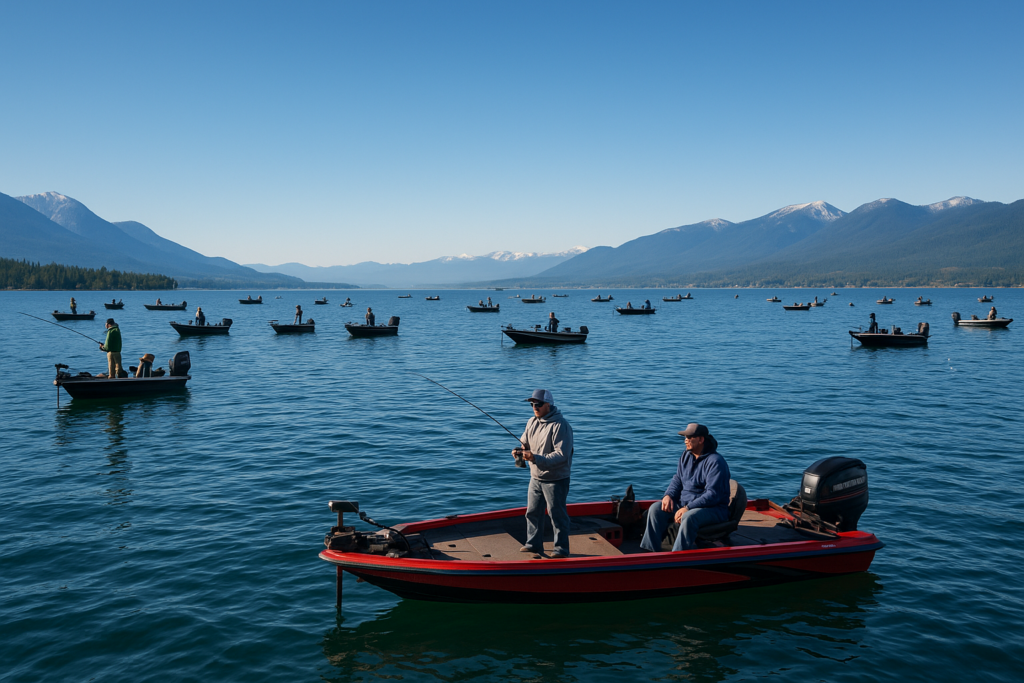 Anglers on Flathead Lake participating in a fishing contest.