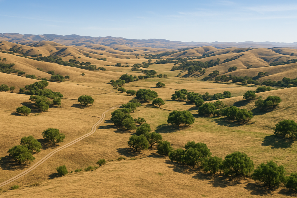 Aerial view of ranch lands with rolling hills in California.
