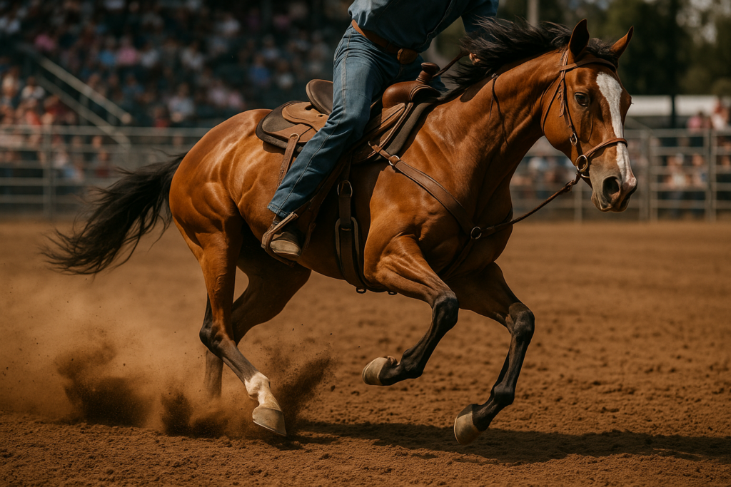 Quarter Horse and Thoroughbred cross displaying agility in an arena.
