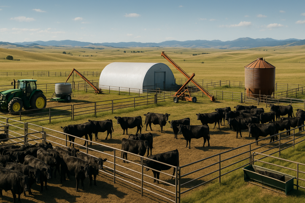 Modern cattle ranch in Montana with rolling hills and equipment.