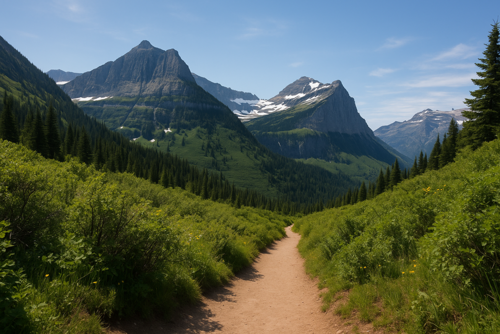 A peaceful trail in Glacier National Park surrounded by mountains and greenery.