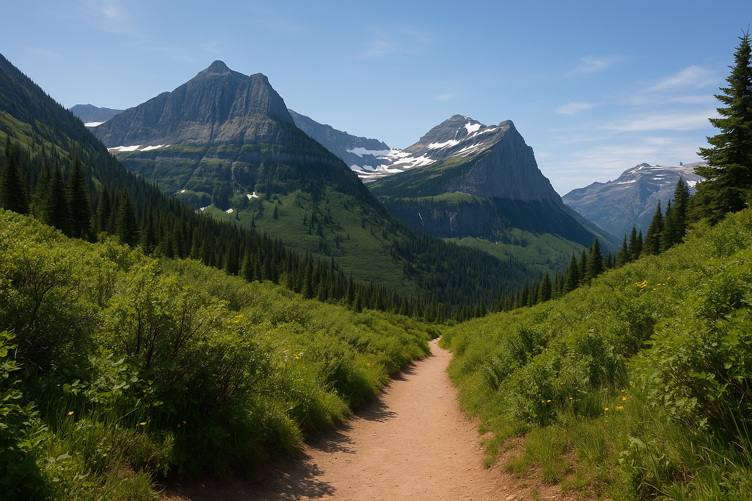 A peaceful trail in Glacier National Park surrounded by mountains and greenery.
