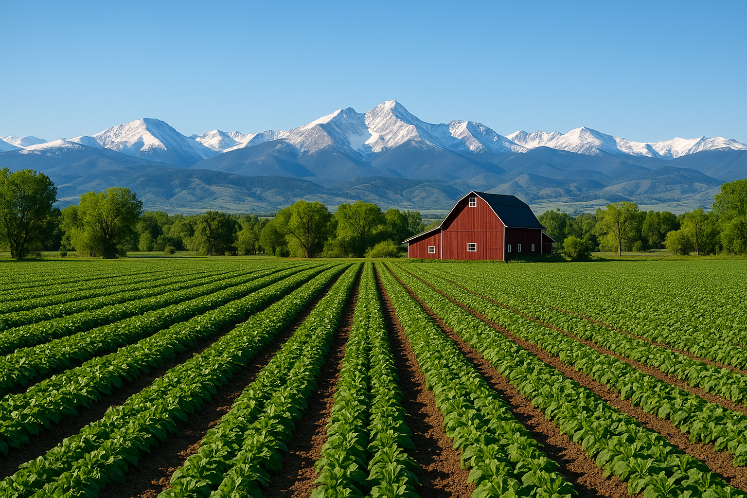 A lush Colorado farm with crops and the Rocky Mountains in the background.