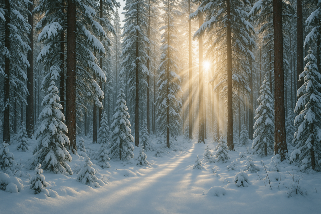 A serene Montana forest covered in fresh white snow with sunlight peeking through.