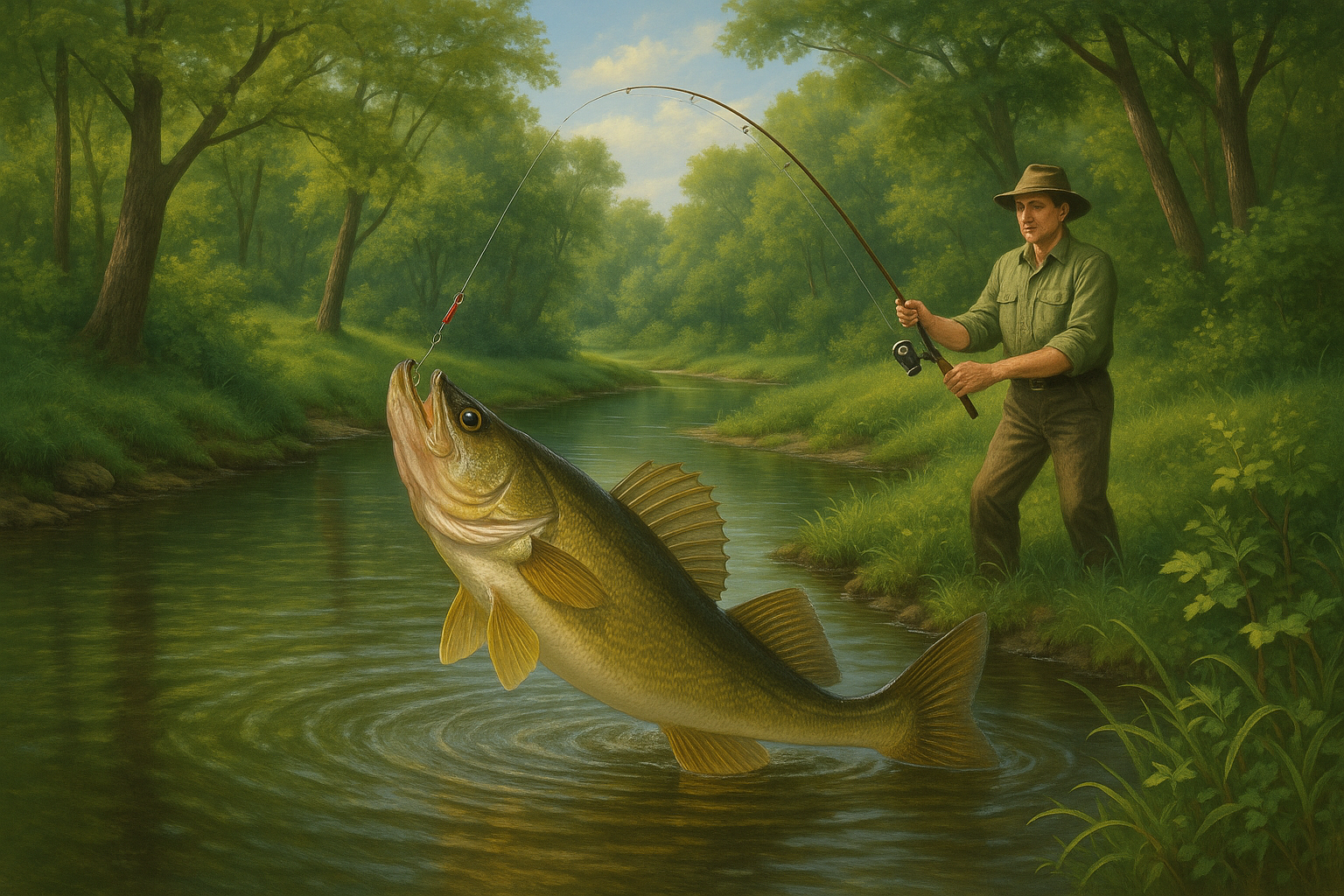 Angler reeling in a large walleye from a narrow creek.