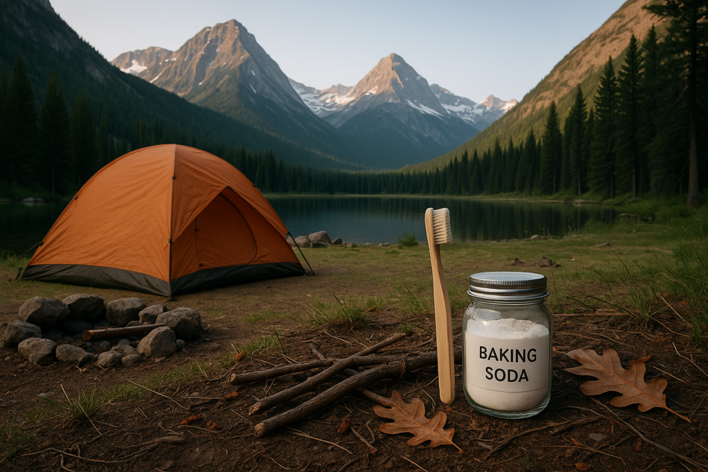 A toothbrush and baking soda at a backcountry campsite in Montana mountains.