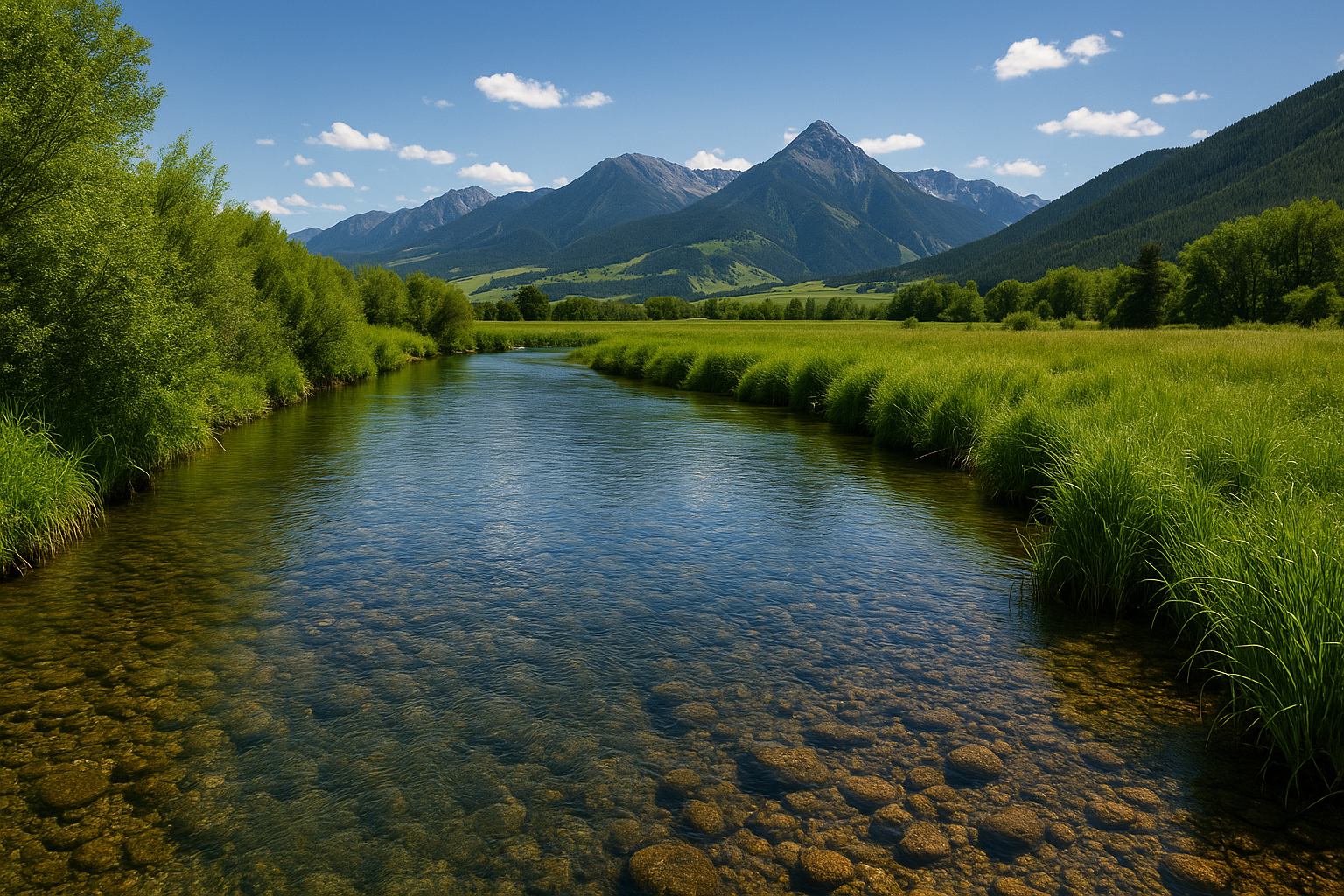 Depuy Spring Creek with clear waters and lush surroundings in Montana.