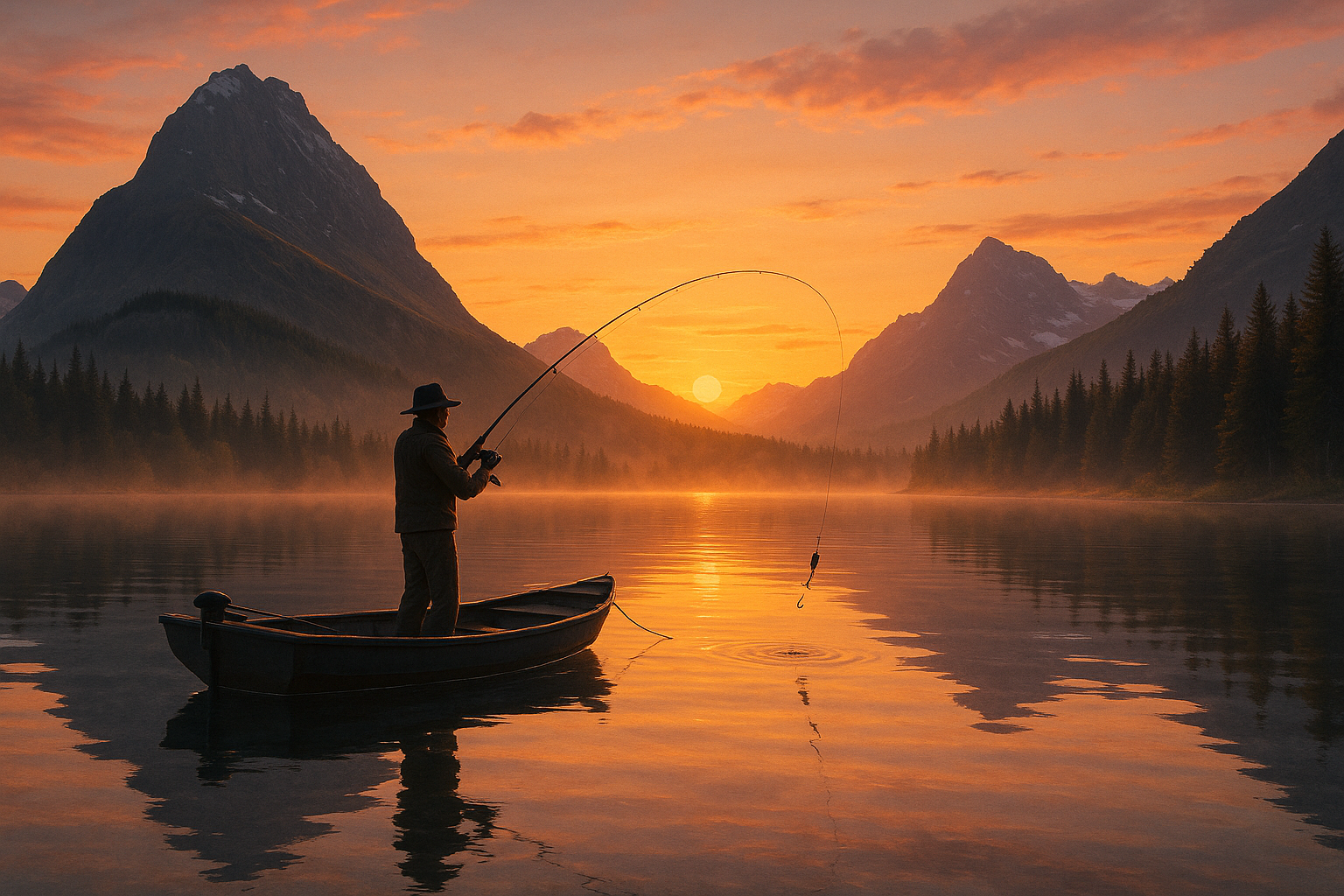 Angler casting a jig on a Montana lake at sunrise.