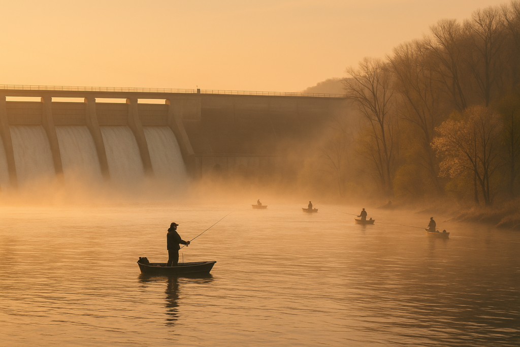 Anglers fishing on the Missouri River below a dam in early spring.