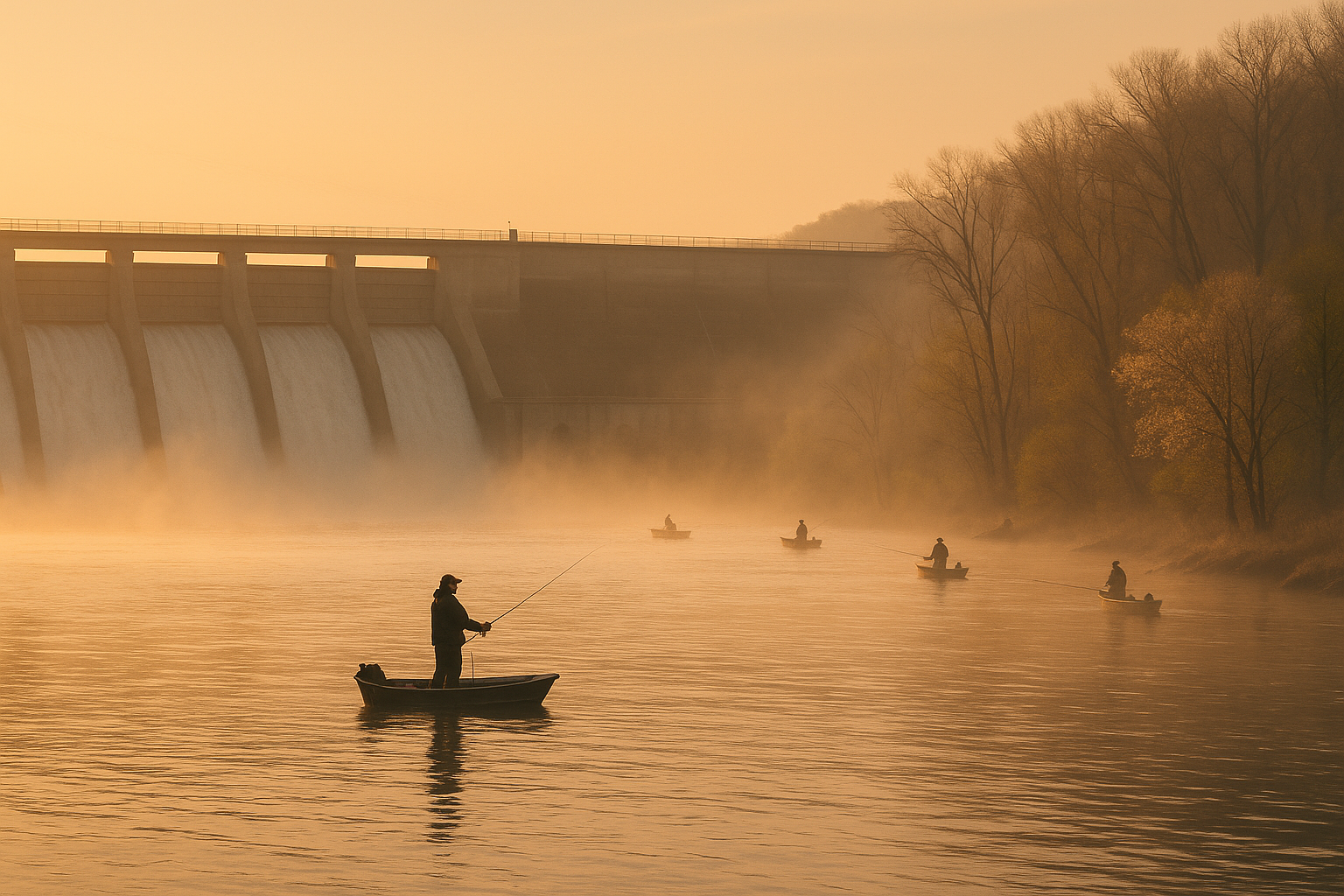 Anglers fishing on the Missouri River below a dam in early spring.