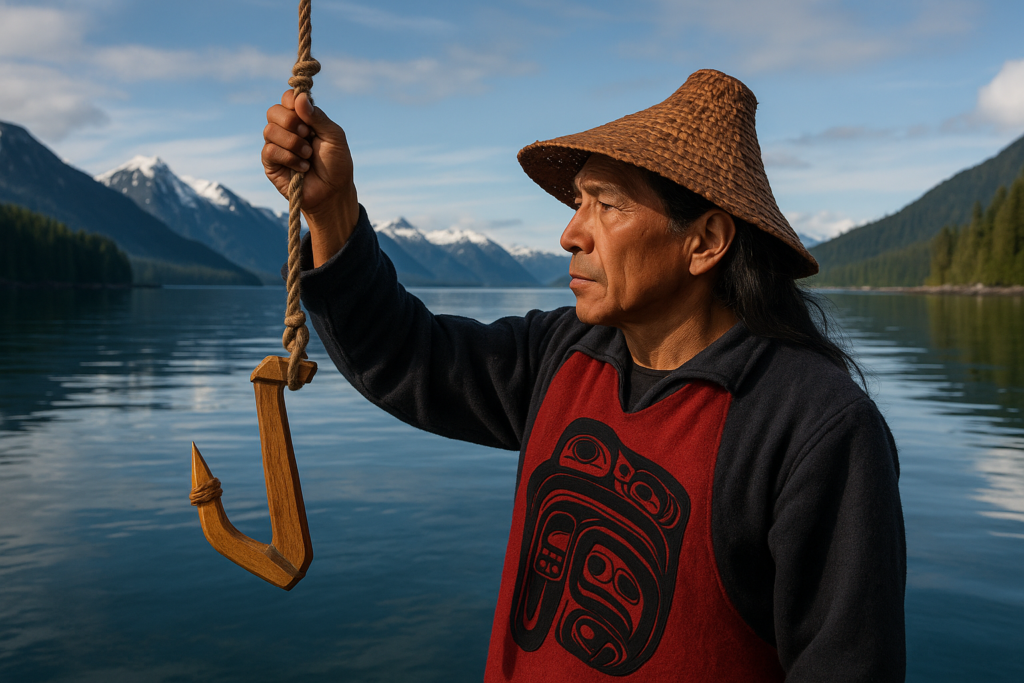 Tlingit fisherman using a wooden halibut hook in Southeast Alaska.