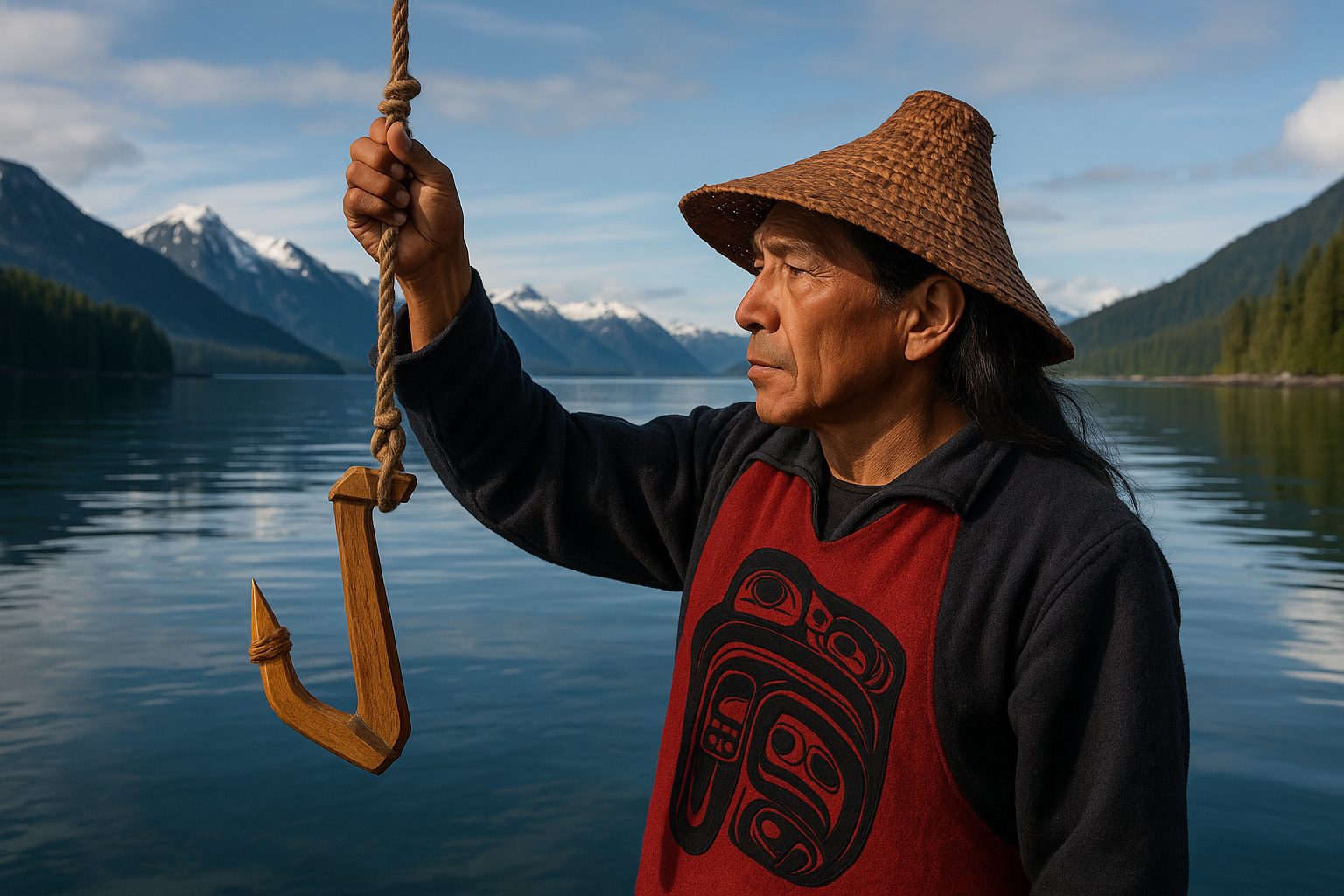Tlingit fisherman using a wooden halibut hook in Southeast Alaska.
