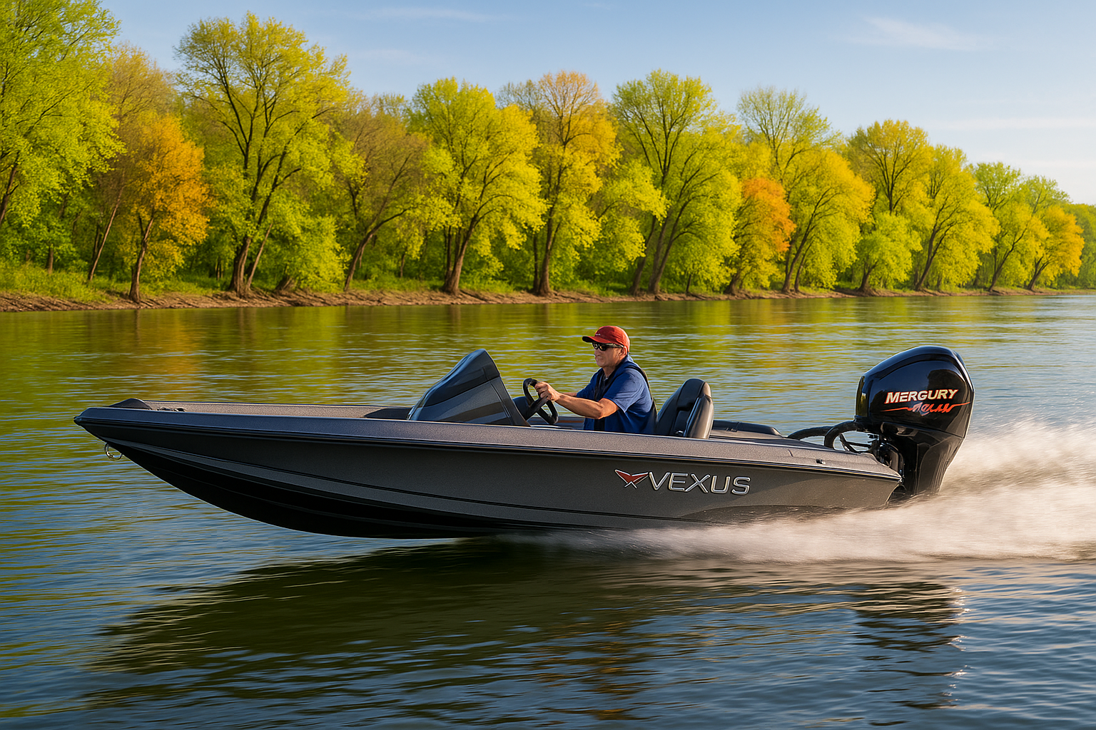 Vexus boat navigating Mississippi River in spring with lush greenery.