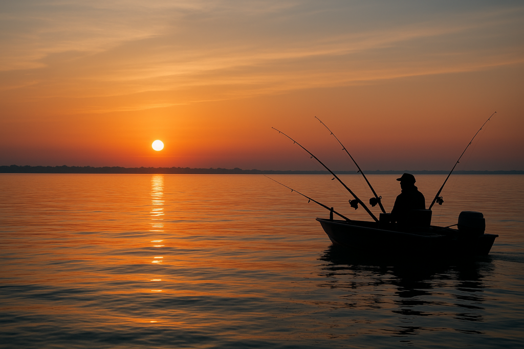 Sunrise view of Lake St. Clair with an angler trolling for walleye.