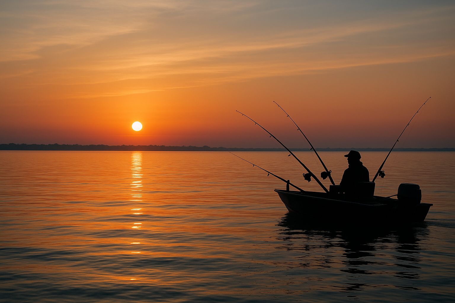 Sunrise view of Lake St. Clair with an angler trolling for walleye.
