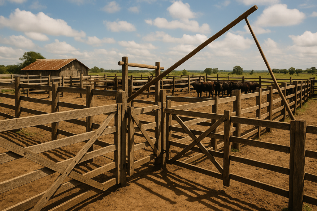 Wooden lever-controlled gates in a cattle corral on a rural farm.