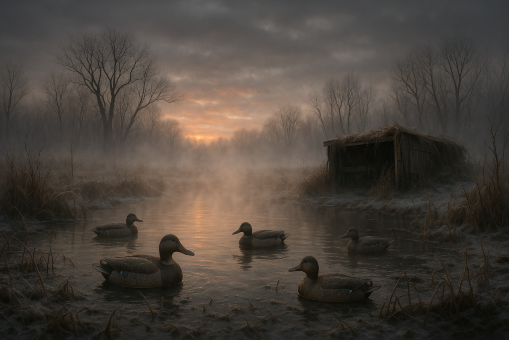 Steam rising from an open duck hunting hole surrounded by frozen marsh at dawn