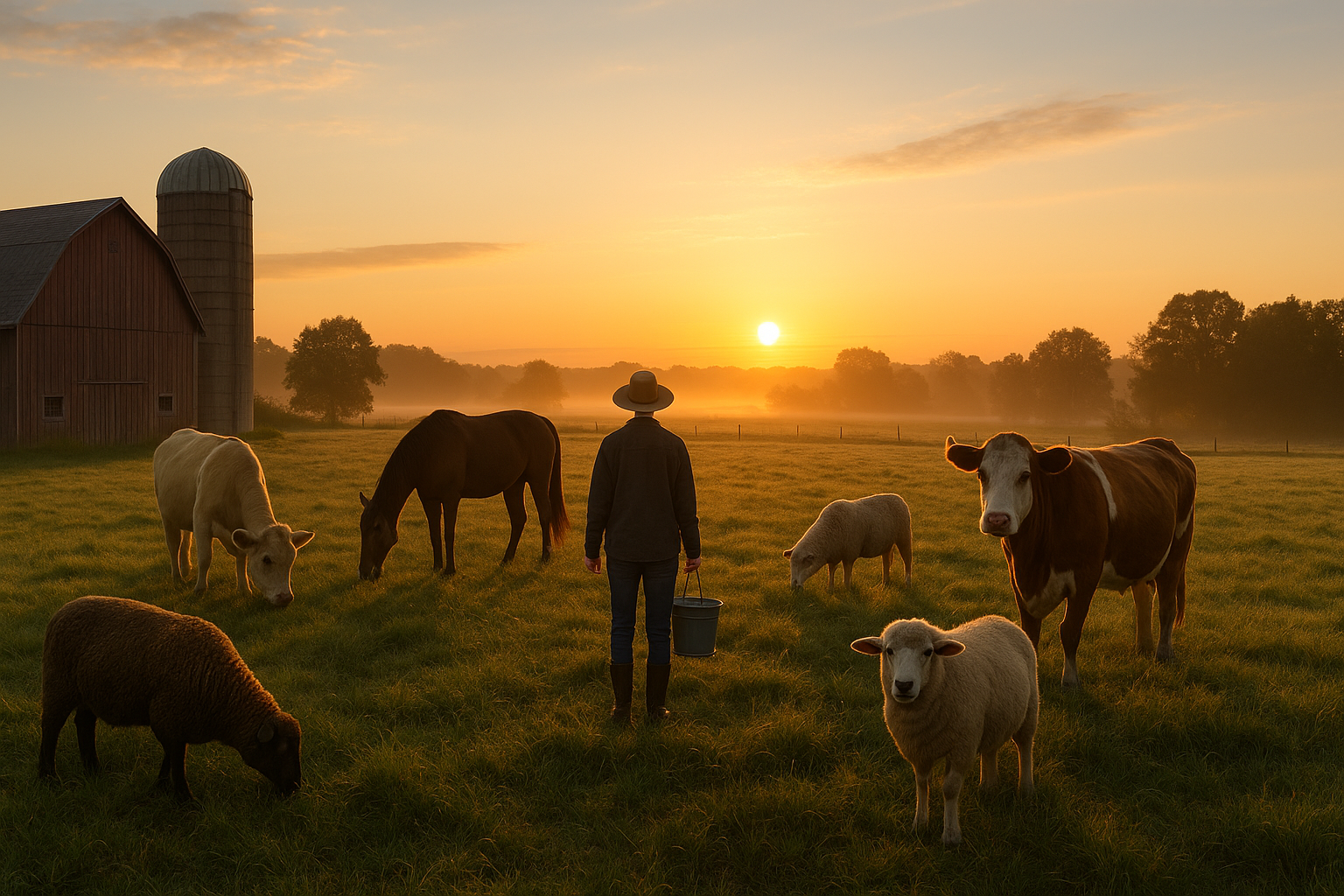 A farmer with a bucket walking among animals at sunrise on a peaceful farm.