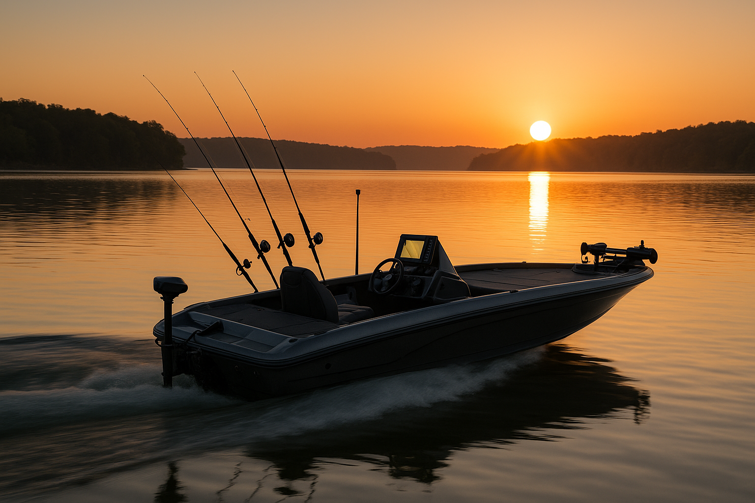 A modern fishing boat on a Missouri lake at sunrise with fishing gear.