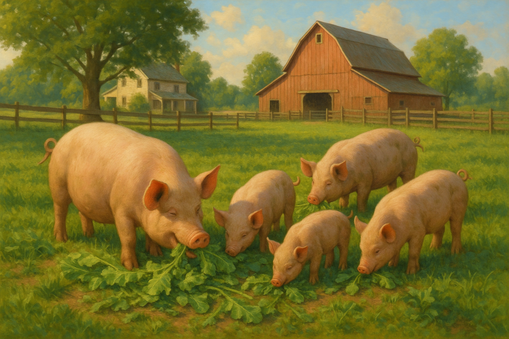 Pigs enjoying fresh greens in a sustainable farm setting.