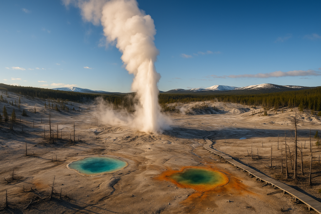 Steamboat Geyser erupting with massive steam column over Norris Geyser Basin Yellowstone