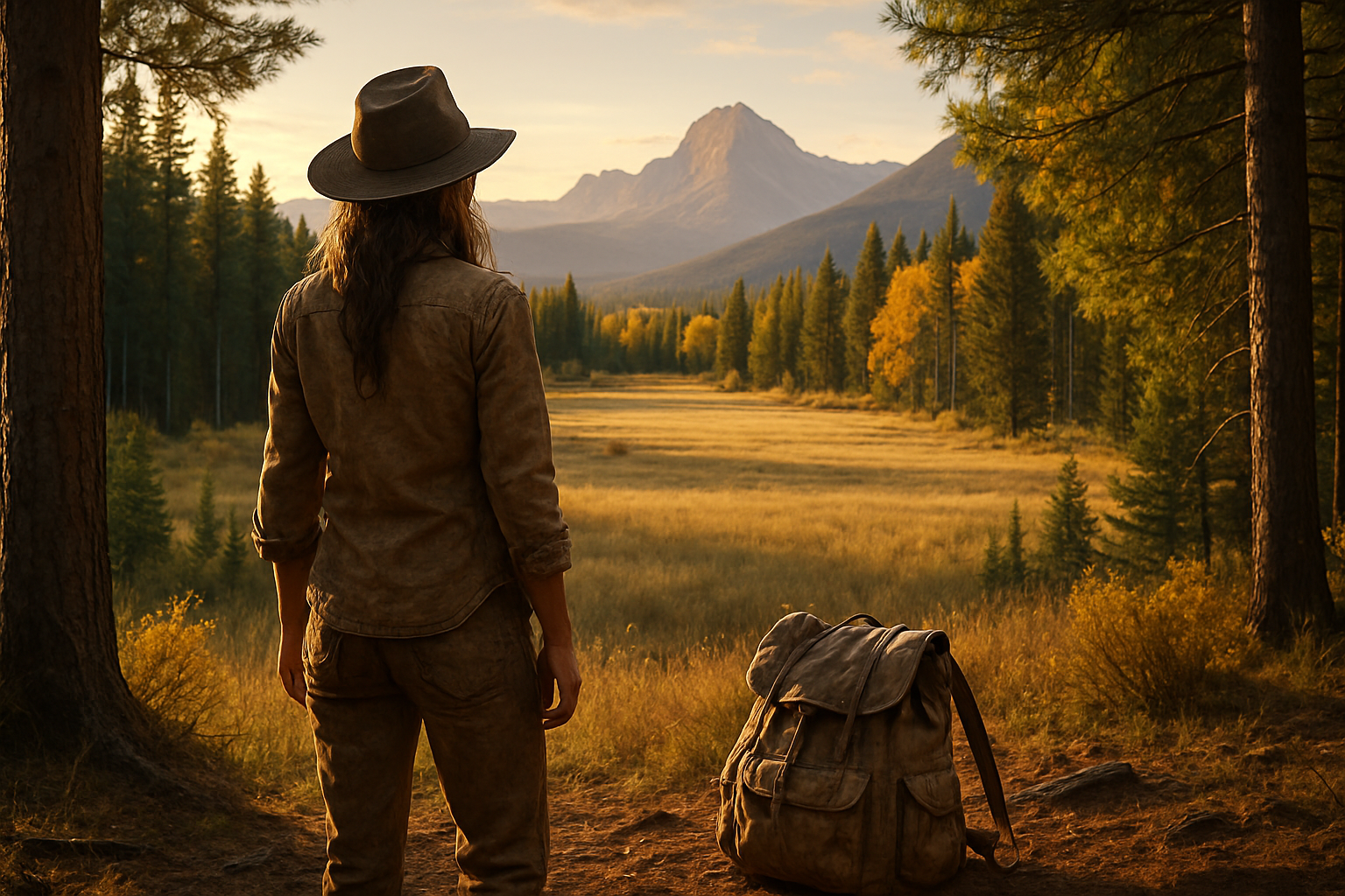 Woman in hunting gear overlooking a Montana meadow at golden hour in autumn.
