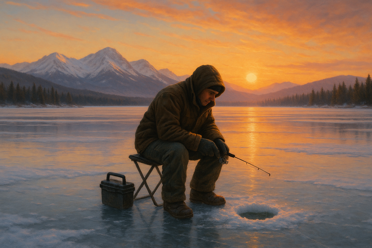Ice fishing on a Montana lake with an angler using the pause technique.