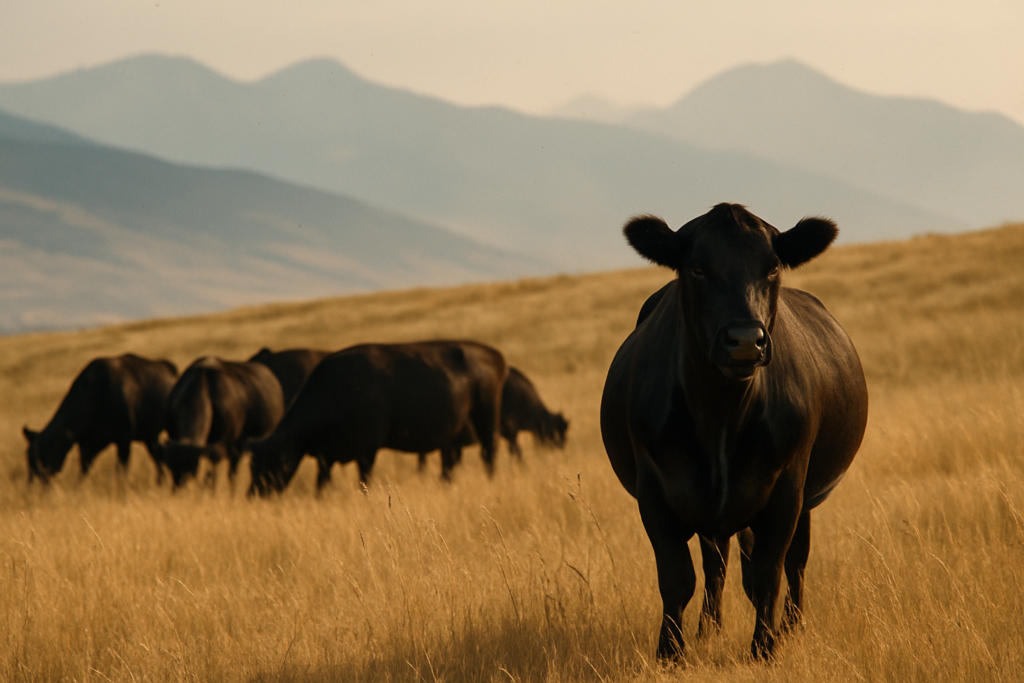 Mature black cows grazing on dry summer Montana foothill pasture with one cow standing apart from the herd